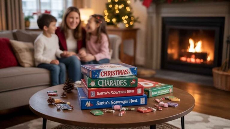 A coffee table is filled with a stack of Christmas-themed board games and candy. A family with two children is visible, laughing and playing in the background by a fireplace. [Christmas Game Ideas for Adults]