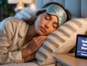 Close-up of a peaceful woman in satin pajamas and an eye mask, sleeping next to a device playing guided sleep stories for relaxation.