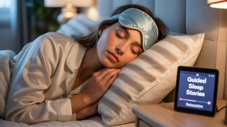 Close-up of a peaceful woman in satin pajamas and an eye mask, sleeping next to a device playing guided sleep stories for relaxation.