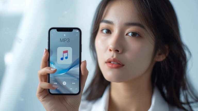 Close-up of a person holding a modern smartphone with a music player interface on the screen, visually answering the question: How Can I Download MP3 to iPhone?