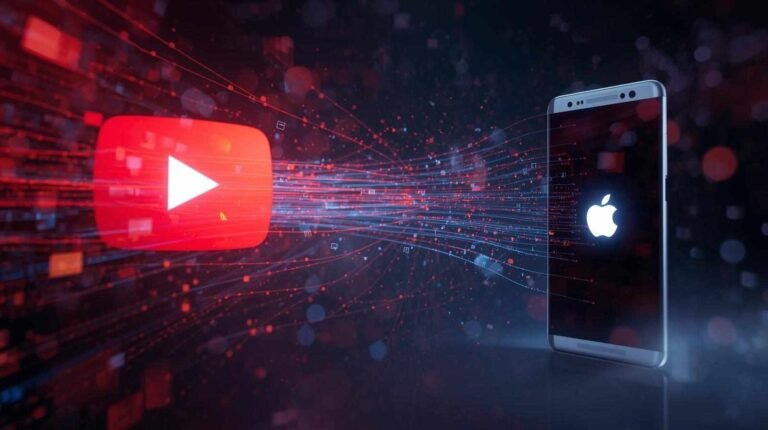 A digital illustration shows a large, glowing red YouTube play button connecting via abstract data lines to a modern smartphone displaying the Apple logo. This visually represents the transfer of data related to How can I download videos from YouTube to my iPhone
