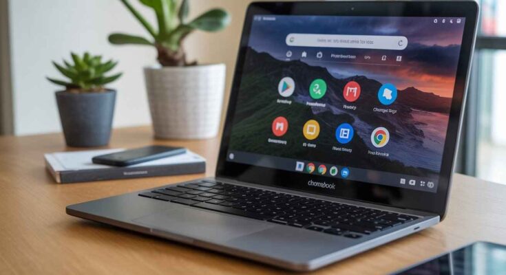 A sleek Chromebook laptop is open on a wooden desk, displaying its app launcher with various application icons on the screen, indicating a readiness for app management. This image directly relates to "How Do I Download Apps to My Chromebook."