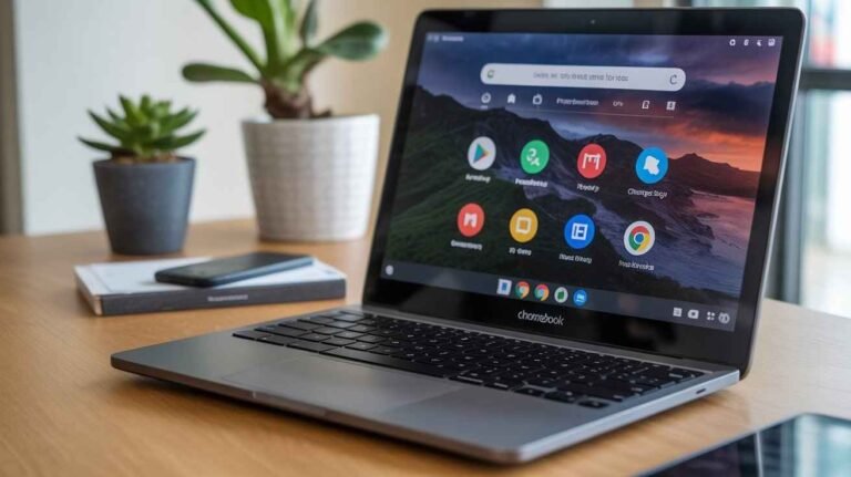 A sleek Chromebook laptop is open on a wooden desk, displaying its app launcher with various application icons on the screen, indicating a readiness for app management. This image directly relates to "How Do I Download Apps to My Chromebook."