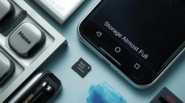 A smartphone screen showing the alert "Storage Almost Full" next to a physical SD card or microSD card, visually representing the need to move or download apps to an SD card. This directly relates to the question, "How Do I Download Apps to SD Card?"