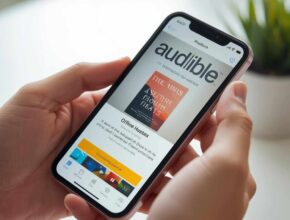 Close-up of a person holding an iPhone displaying the Audible app's interface, with a book cover visible and a prominent call-to-action for downloading content. This visually addresses the question, "How Do I Download Audible Books to iPhone."