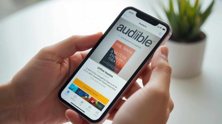 Close-up of a person holding an iPhone displaying the Audible app's interface, with a book cover visible and a prominent call-to-action for downloading content. This visually addresses the question, "How Do I Download Audible Books to iPhone."