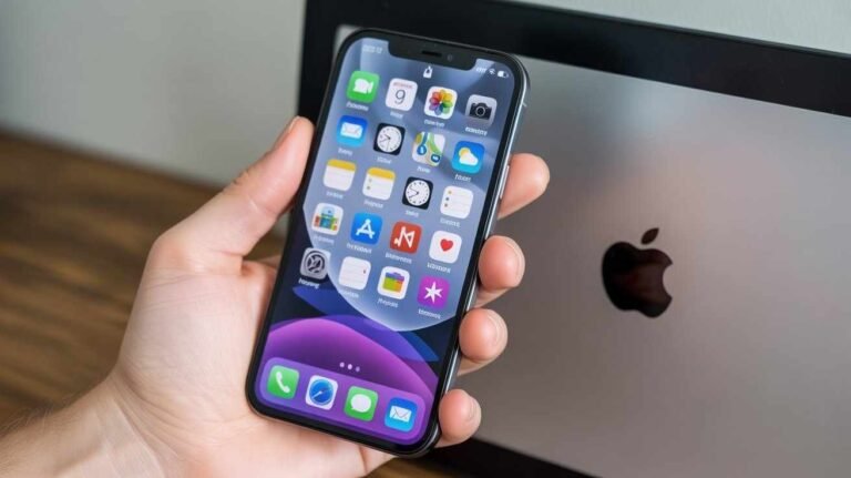 A close-up of a hand holding an iPhone displaying the home screen with various app icons, positioned near a computer monitor showing the Apple logo. This illustrates the connection between the phone and the desktop necessary for tasks like transferring contacts. (How Do I Download Contacts from iPhone to Computer)