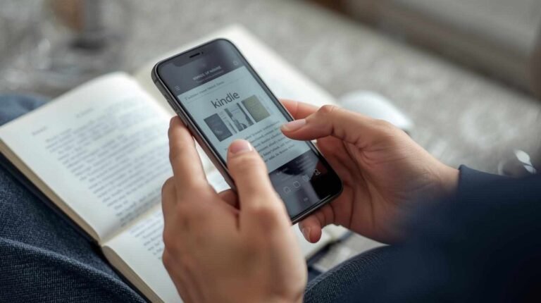 A person is relaxing on a sofa, holding an iPhone that is displaying the Kindle app interface over an open physical book. This image illustrates the process of reading or downloading ebooks on an Apple device. (How Do I Download Kindle Books to iPhone)