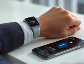 A person wearing a modern grey Apple Watch with a light blue band, resting their arm on a table while an adjacent iPhone displays the App Store's download screen for a new app. (How Do I Download an App to My Apple Watch)
