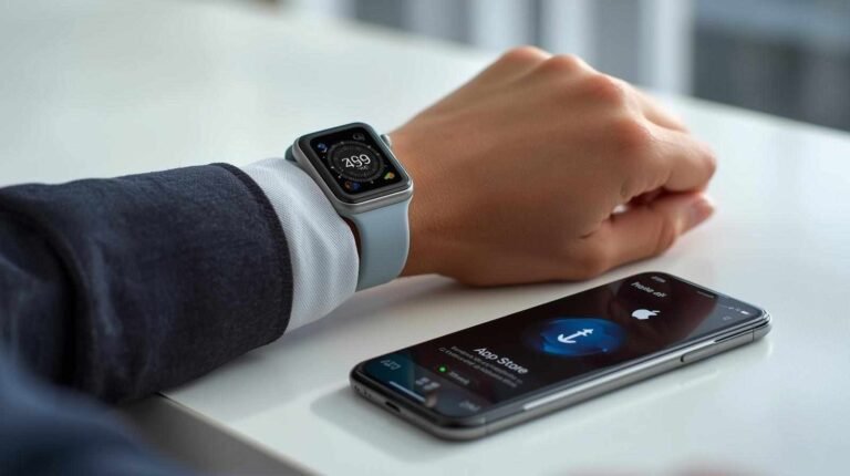 A person wearing a modern grey Apple Watch with a light blue band, resting their arm on a table while an adjacent iPhone displays the App Store's download screen for a new app. (How Do I Download an App to My Apple Watch)