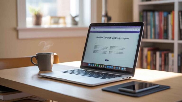 A laptop computer screen displaying a web page titled "How Do I Download an App to My Computer," shown on a desk next to a mug and a smartphone.