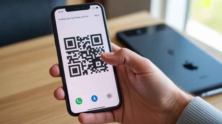 A person is holding an iPhone displaying a large black-and-white QR code on its screen, ready to be scanned. This visually demonstrates the process of using a QR code to download a mobile app. (How Do I Scan to Download an App)