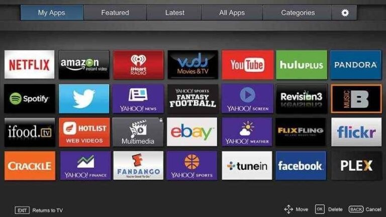 A television screen displaying a Smart TV app selection menu, with rows of app icons like Netflix, YouTube, Hulu, and Spotify clearly visible, demonstrating the app store interface. This directly addresses the question, "How Do You Download Apps to a Smart TV."