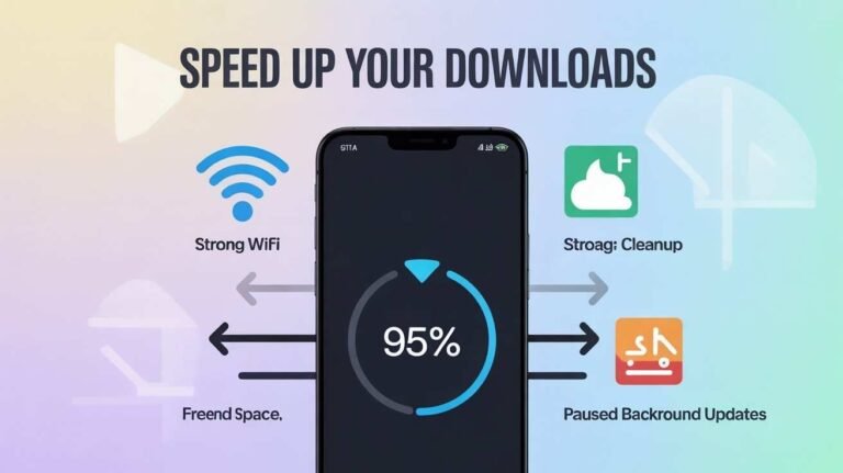 A clean, modern infographic illustrating how to speed up your downloads on a smartphone. It shows a phone displaying a 95% download circle and four tips: Strong WiFi, Storage Cleanup, Freeing Space, and Pausing Background Updates. This directly addresses the question, "How Do You Get Apps to Download Faster."