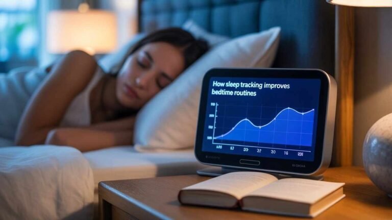 A woman is sleeping peacefully in bed while a digital bedside clock displays a graph titled "How sleep tracking improves bedtime routines."