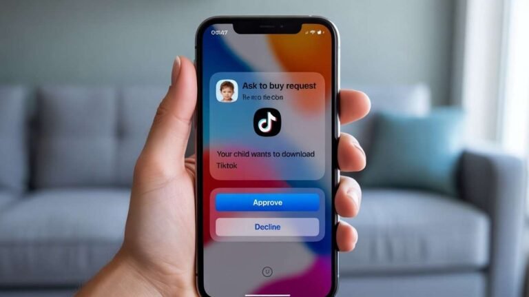 A close-up of a parent's hand holding an iPhone which displays an "Ask to Buy" parental control notification showing, "Your child wants to download Tiktok," with large "Approve" and "Decline" buttons. This image is a clear visual for the process of controlling child app downloads. (How to Approve App Download for Child iPhone)