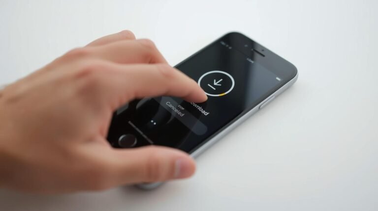 A close-up of a person's finger touching an iPhone screen that displays a download progress circle with a downward arrow icon, and a prominent "Canceled" label. This directly illustrates "How to Cancel Download on iPhone."