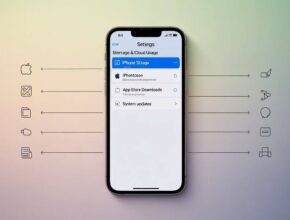 A clean, modern iPhone tutorial infographic showing the "Settings" menu open to "Storage & Cloud Usage," with arrows pointing to different icons related to download and storage options. This visualizes a guide on "How to Change Download Settings on iPhone."
