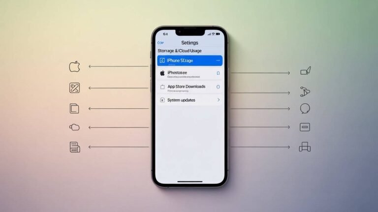 A clean, modern iPhone tutorial infographic showing the "Settings" menu open to "Storage & Cloud Usage," with arrows pointing to different icons related to download and storage options. This visualizes a guide on "How to Change Download Settings on iPhone."