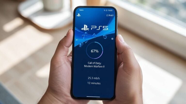 A close-up of a person holding a smartphone that displays the PlayStation 5 (PS5) app, clearly showing a game download in progress (67% complete), with the title "Call of Duty: Modern Warfare II," download speed, and estimated time remaining. This directly addresses the question, How to Check Download Progress on PS5 App.