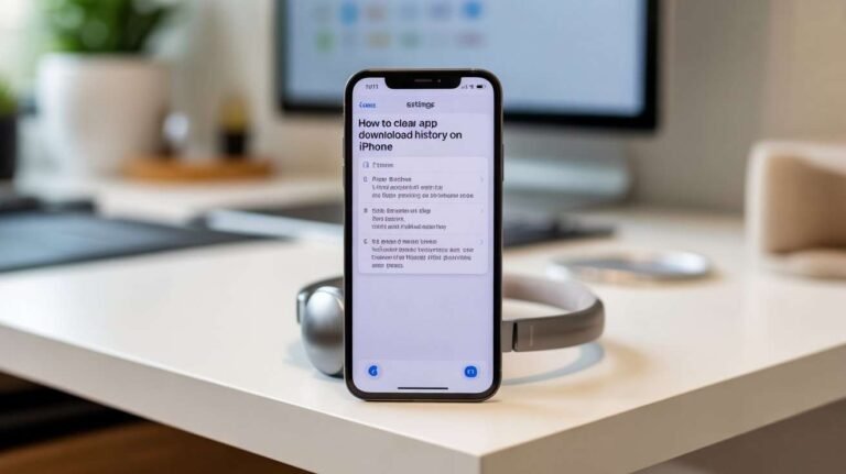 A close-up of an iPhone standing upright on a desk, displaying a "Settings" screen with a title that reads, "How to clear app download history on iPhone." This image is a direct visual representation of the topic.