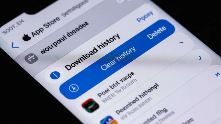 A close-up of a smartphone screen showing the App Store interface with a highlighted button that reads "Clear history" next to a title that says "Download history." This visually confirms the steps for "How to Delete App Download History."