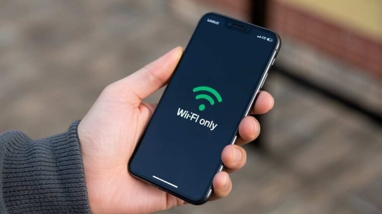 A person's hand holds an iPhone displaying a dark screen with a large green Wi-Fi symbol and the text "Wi-Fi only," indicating a setting that restricts downloads to Wi-Fi connections. This visually addresses the question, "How to Disable Download on WiFi Only iPhone."