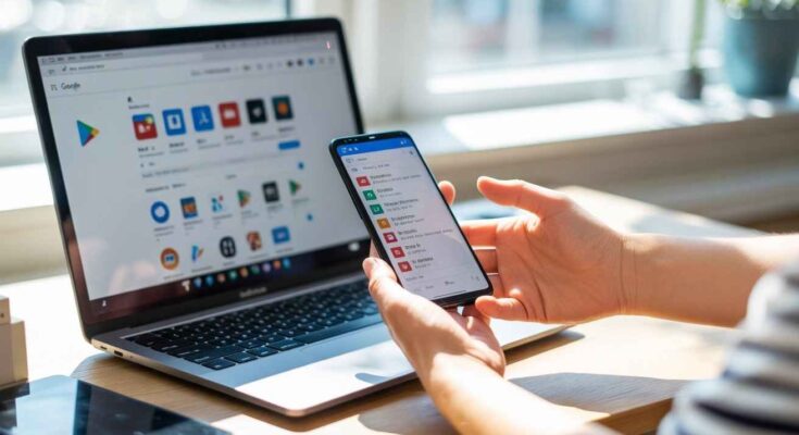 "A realistic photo of a laptop and Android phone showing the Google Play Store and a download icon, illustrating how to download APK from Play Store.