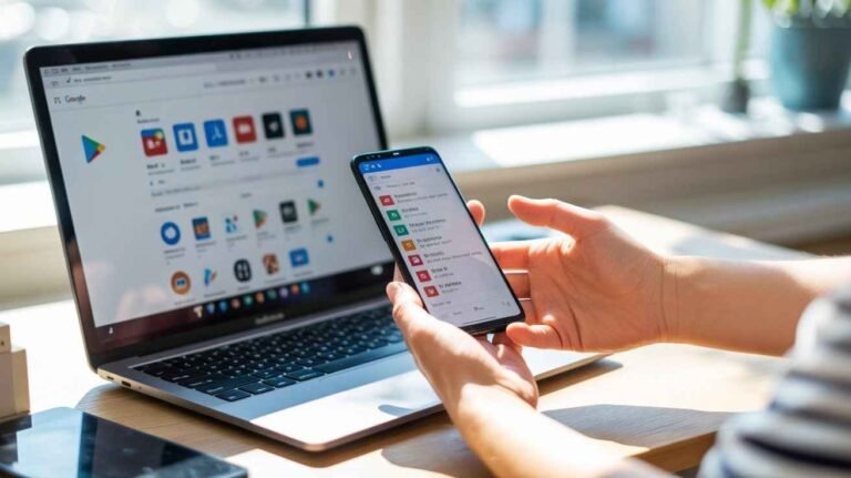 "A realistic photo of a laptop and Android phone showing the Google Play Store and a download icon, illustrating how to download APK from Play Store.