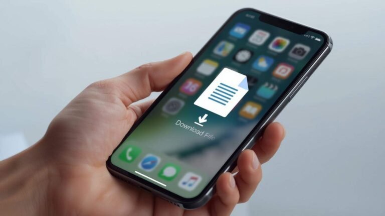 A hand is holding an iPhone with a clear on-screen graphic of a document icon overlaid with a downward arrow and the text "Download File," visually representing the process of saving a document. This directly addresses the question, "How to Download a DOC File on iPhone ."
