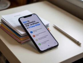 A close-up of an iPhone resting on a stack of papers next to an Apple Pencil, displaying a screen with the title, "How to Download a PDF on iPhone in 5 Easy Steps." This image clearly visualizes a guide for downloading documents.