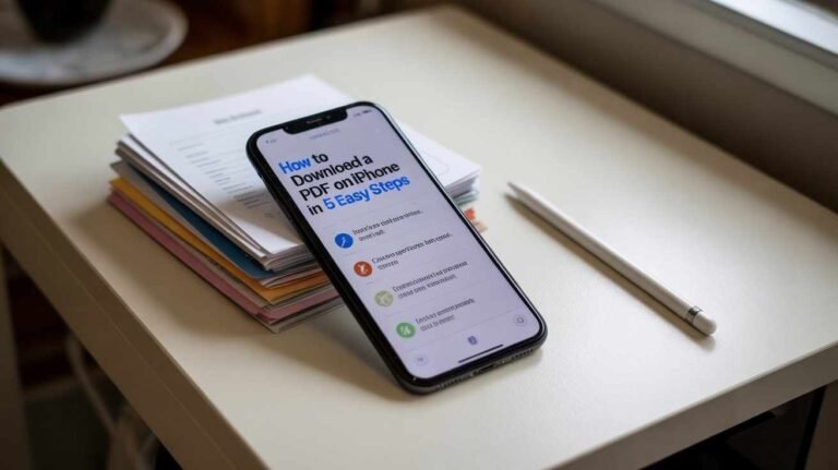 A close-up of an iPhone resting on a stack of papers next to an Apple Pencil, displaying a screen with the title, "How to Download a PDF on iPhone in 5 Easy Steps." This image clearly visualizes a guide for downloading documents.