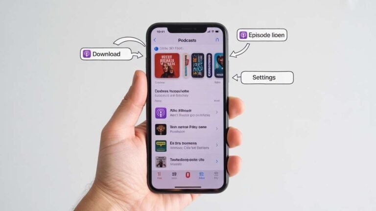 A close-up of a person holding an iPhone displaying the Apple Podcasts app interface, with labels pointing to the "Download," "Episode," and "Settings" options. This image clearly visualizes a guide on "How to Download a Podcast on iPhone."