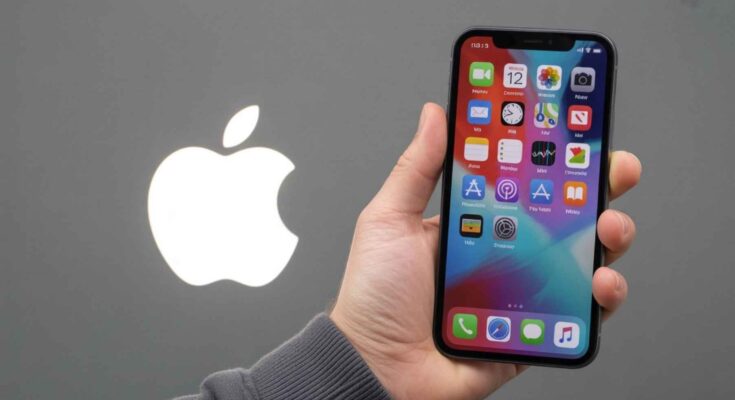 A hand holding an iPhone displaying the home screen with various app icons, set against a backdrop of a large, illuminated Apple logo. This visually suggests a discussion of app management on an Apple device, specifically addressing "How to Download an App Without Apple ID."