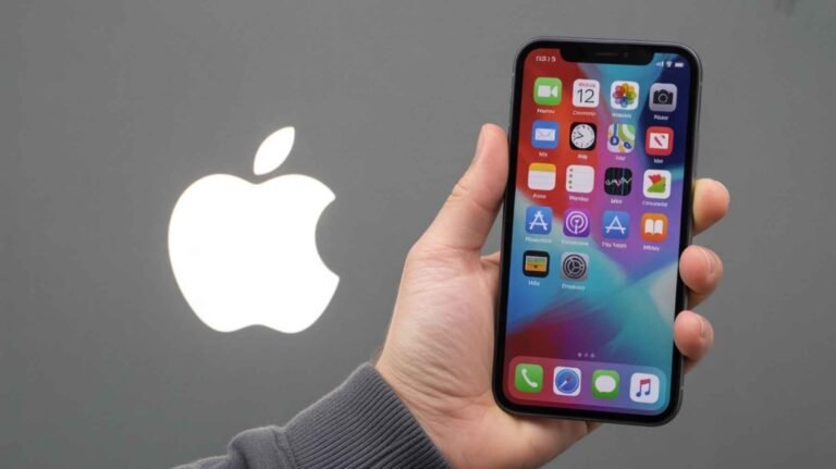 A hand holding an iPhone displaying the home screen with various app icons, set against a backdrop of a large, illuminated Apple logo. This visually suggests a discussion of app management on an Apple device, specifically addressing "How to Download an App Without Apple ID."