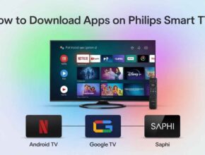 A visual guide titled "How to Download Apps on Philips Smart TV," featuring a Philips Smart TV displaying various streaming app icons like Netflix and YouTube, alongside its remote control. Below are logos for Android TV, Google TV, and Saphi, indicating different operating systems. This image is a direct visual resource for the topic.