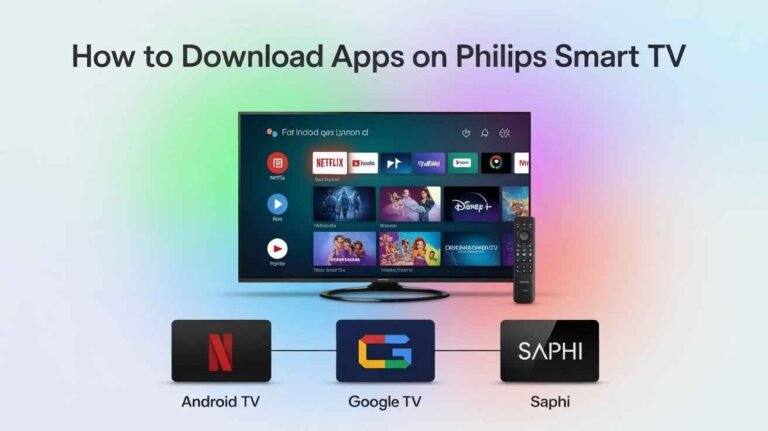 A visual guide titled "How to Download Apps on Philips Smart TV," featuring a Philips Smart TV displaying various streaming app icons like Netflix and YouTube, alongside its remote control. Below are logos for Android TV, Google TV, and Saphi, indicating different operating systems. This image is a direct visual resource for the topic.