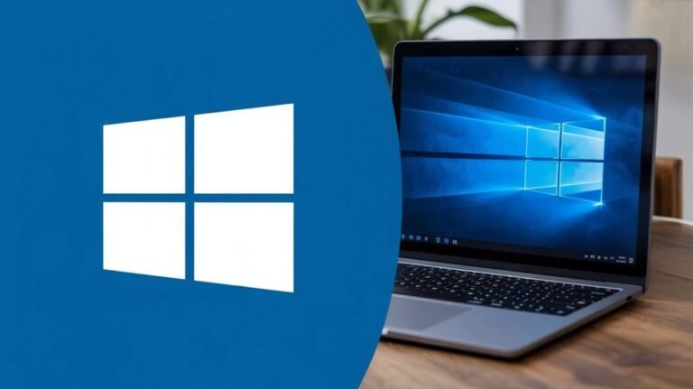 A white Windows logo on a vibrant blue background is shown next to a laptop displaying the Windows operating system desktop. This image is relevant to discussing "How to Install Apps on Windows Without Microsoft Store."