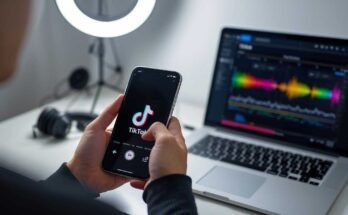 A person is holding a smartphone displaying the TikTok logo and interface, with a laptop in the background showing a bright, colorful audio or video editing waveform, suggesting the use of an external tool like AI for content creation. This image directly relates to "How to Use AI to Create TikTok Videos."