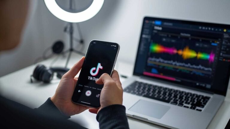 A person is holding a smartphone displaying the TikTok logo and interface, with a laptop in the background showing a bright, colorful audio or video editing waveform, suggesting the use of an external tool like AI for content creation. This image directly relates to "How to Use AI to Create TikTok Videos."