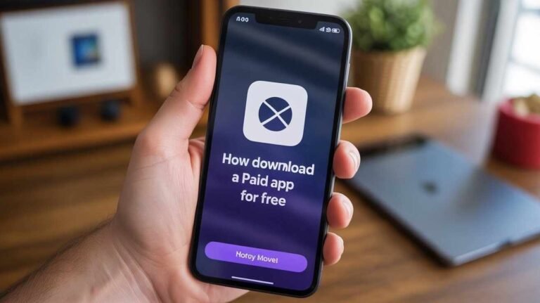 A close-up of a hand holding a modern smartphone, which displays a screen with a large title that reads, "How download a Paid app for free." This image is a direct visual representation of the topic. (How to download any paid app for free)