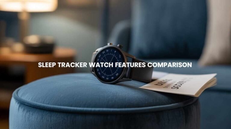 A digital health or fitness watch shown with the title "SLEEP TRACKER WATCH FEATURES COMPARISON" in a home environment.