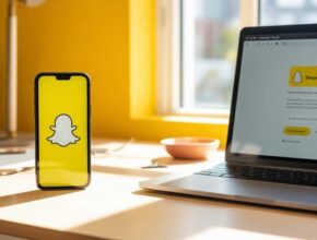 "A smartphone showing the Snapchat logo beside a laptop open on an APK site, representing Snapchat APK free download 2025."