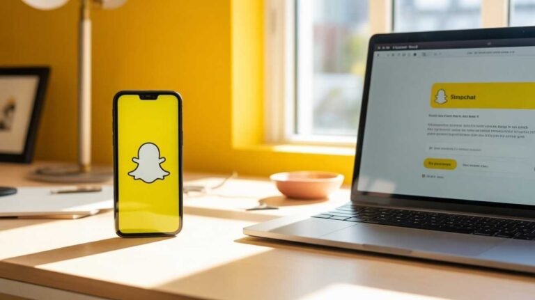 "A smartphone showing the Snapchat logo beside a laptop open on an APK site, representing Snapchat APK free download 2026."