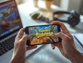 "A realistic photo of a smartphone displaying Subway Surfers gameplay with many coins, illustrating the topic 'Subway Surfers APK Unlimited Coins' and the risks of hacked APKs."