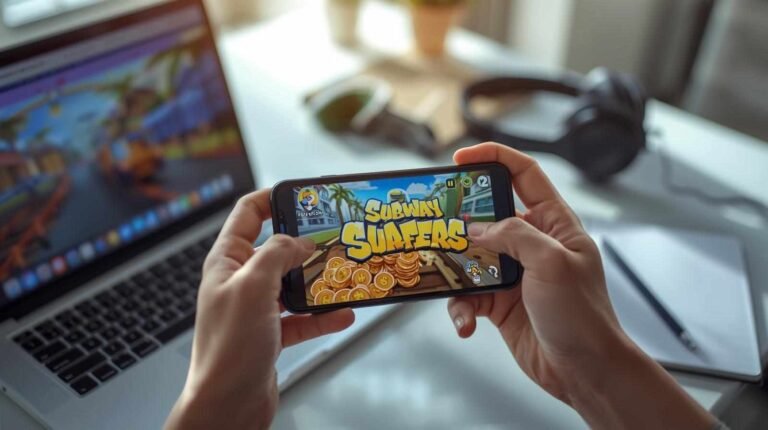 "A realistic photo of a smartphone displaying Subway Surfers gameplay with many coins, illustrating the topic 'Subway Surfers APK Unlimited Coins' and the risks of hacked APKs."