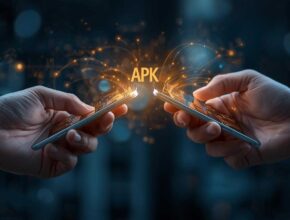 A realistic image of two Android phones transferring an app, illustrating the concept of “Transfer APK Between Phones Safely” with a focus on secure and easy file sharing between devices.