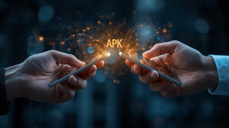 A realistic image of two Android phones transferring an app, illustrating the concept of “Transfer APK Between Phones Safely” with a focus on secure and easy file sharing between devices.