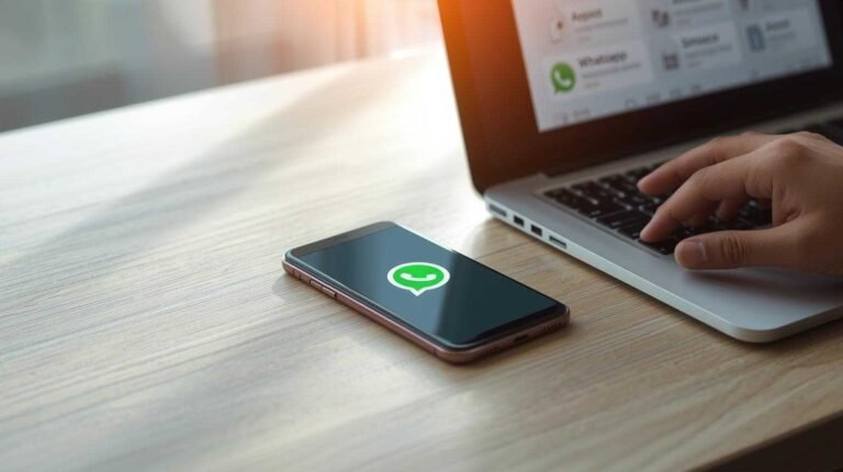 "A realistic smartphone on a desk showing the WhatsApp logo with a laptop nearby, representing WhatsApp APK latest version download process."