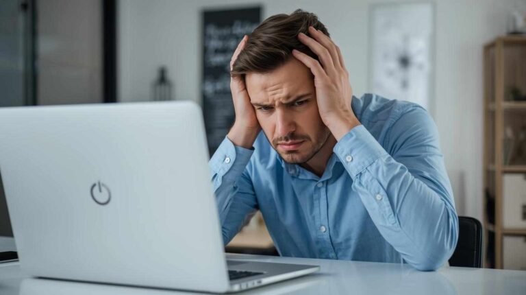 A frustrated man with his hands clutching his head is looking intently at a laptop screen, conveying stress and possibly technical difficulties, which relates to the topic of "Why Your Laptop Is Slow."